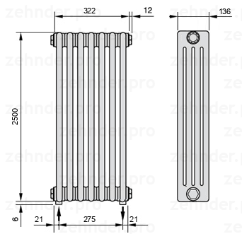 Схема (чертеж) Радиатор Zehnder Charleston 4250/7 №5310 Белый глянцевый RAL 9016